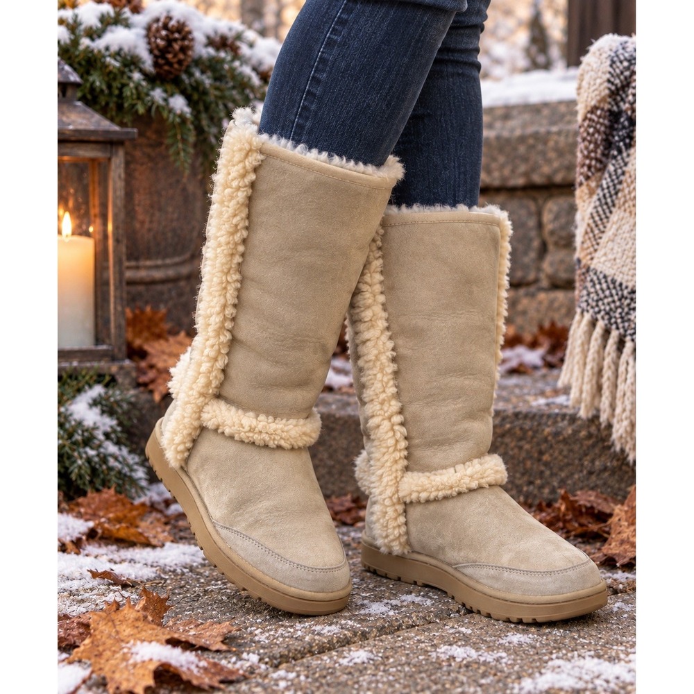 UGG Australia Sunburst Tall 5818 Boots Womens 8 Beige Suede Shearling Fur